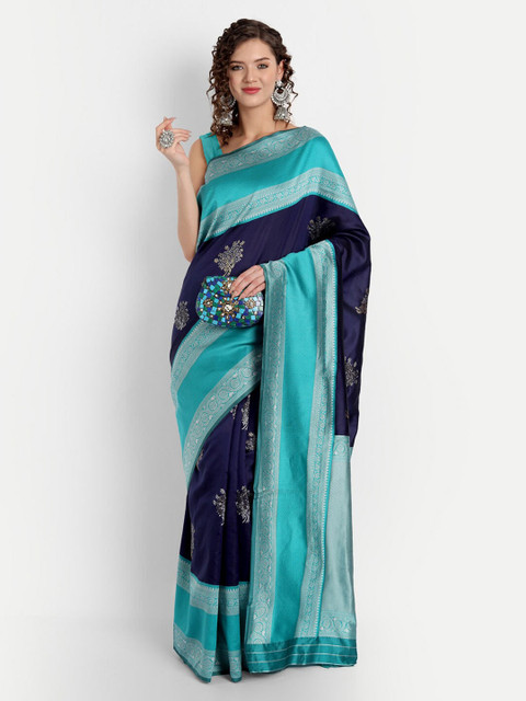 

ASPORA Navy Blue & Green Woven Design Silk Blend Banarasi Saree