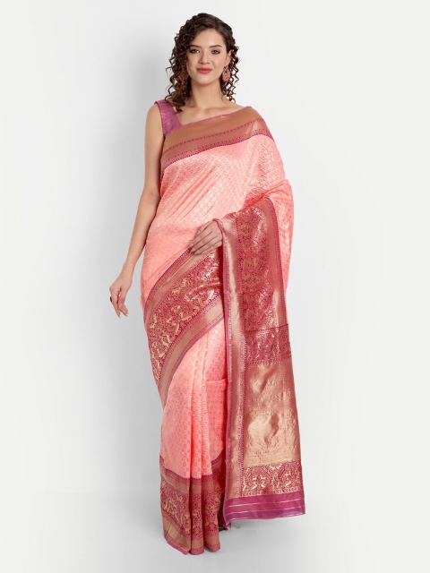 

ASPORA Peach-Coloured & Pink Woven Design Silk Blend Banarasi Saree