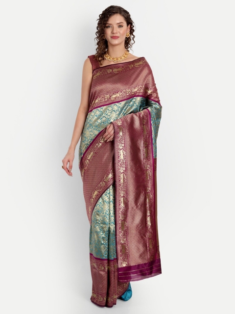 

ASPORA Green & Maroon Floral Zari Silk Blend Banarasi Saree