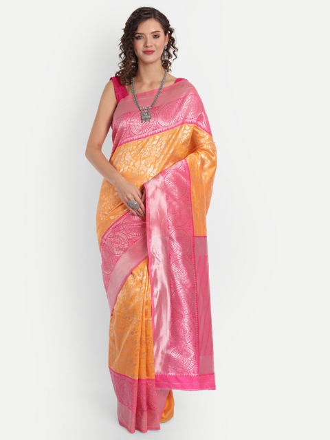 

ASPORA Orange & Pink Ethnic Motifs Silk Blend Kanjeevaram Saree