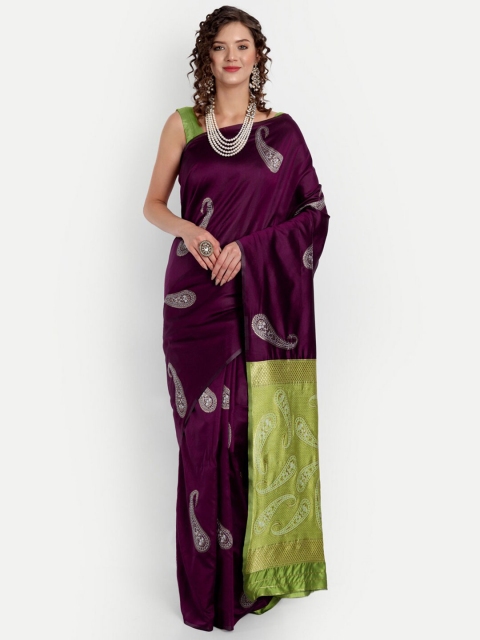 

ASPORA Purple & Lime Green Paisley Silk Blend Kanjeevaram Saree