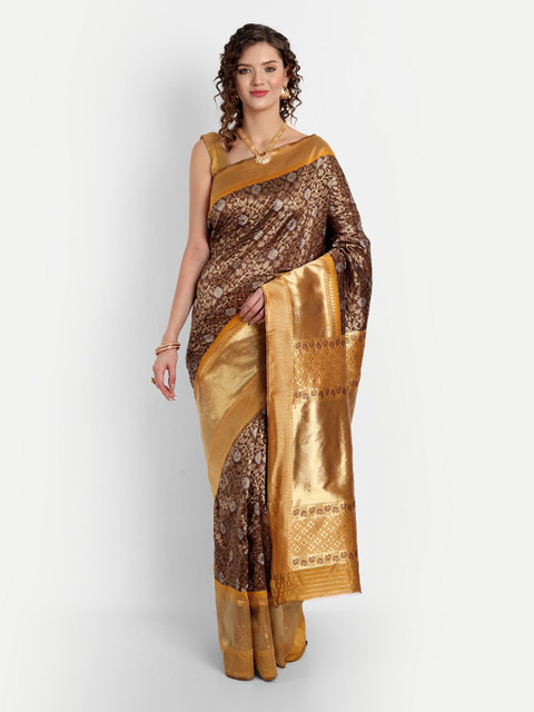 

ASPORA Brown & Gold-Toned Floral Silk Blend Kanjeevaram Saree