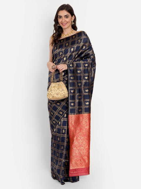 

ASPORA women Navy Blue & Red Woven Design Silk Blend Kanjeevaram Saree