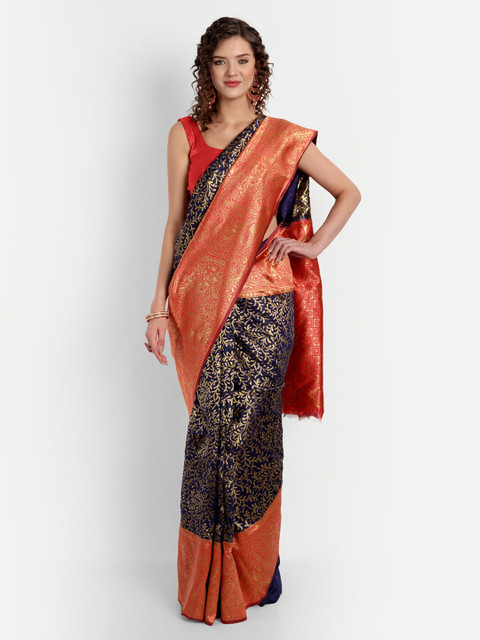

ASPORA Navy Blue & Red Floral Zari Silk Blend Kanjeevaram Saree