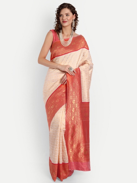

ASPORA White & Red Floral Zari Silk Blend Banarasi Saree
