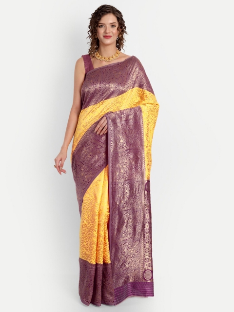 

ASPORA Yellow & Purple Floral Zari Silk Blend Kanjeevaram Saree