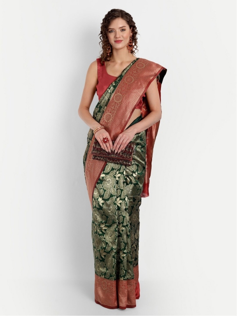 

ASPORA women Green & Red Floral Zari Silk Blend Banarasi Saree