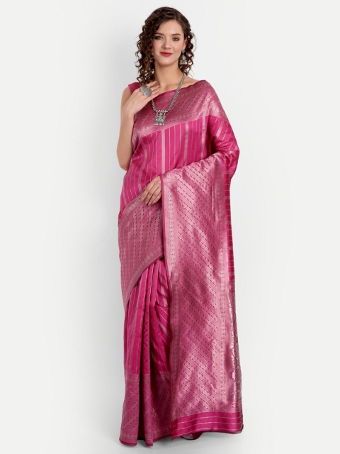 

ASPORA Pink & Silver-Toned Striped Silk Blend Banarasi Saree