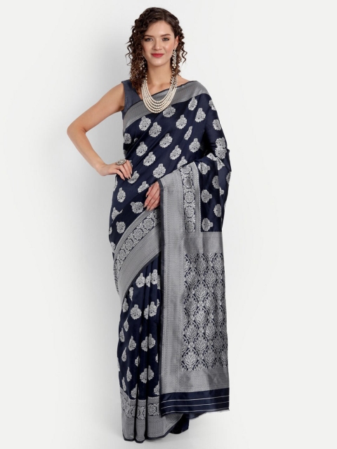 

ASPORA Navy Blue & Silver-Toned Woven Design Zari Silk Blend Kanjeevaram Saree