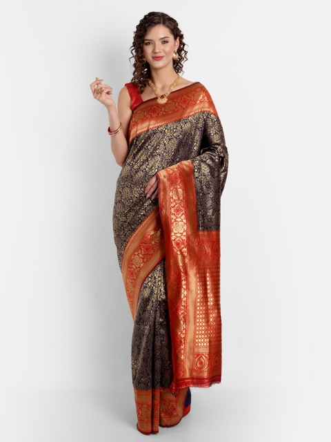 

ASPORA Navy Blue & Red Floral Silk Blend Banarasi Saree