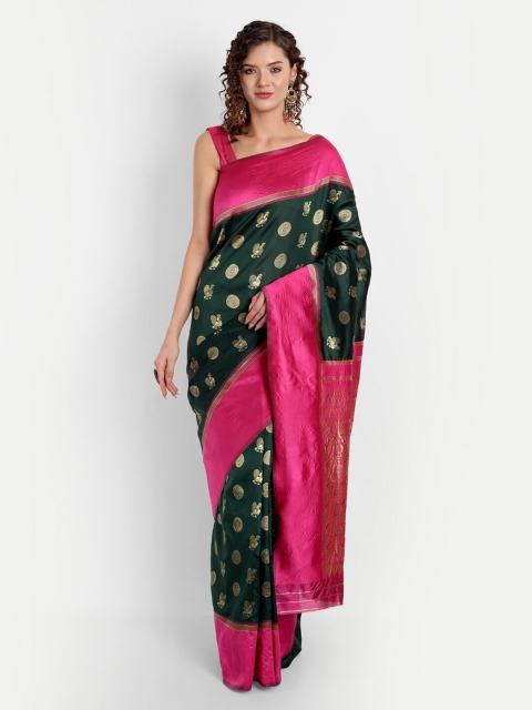 

ASPORA Green & Pink Ethnic Motifs Silk Blend Kanjeevaram Saree