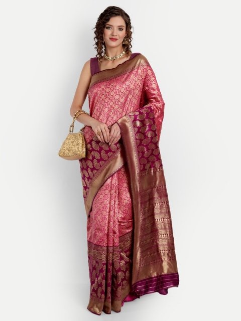 

ASPORA Pink & Purple Floral Silk Blend Kanjeevaram Saree