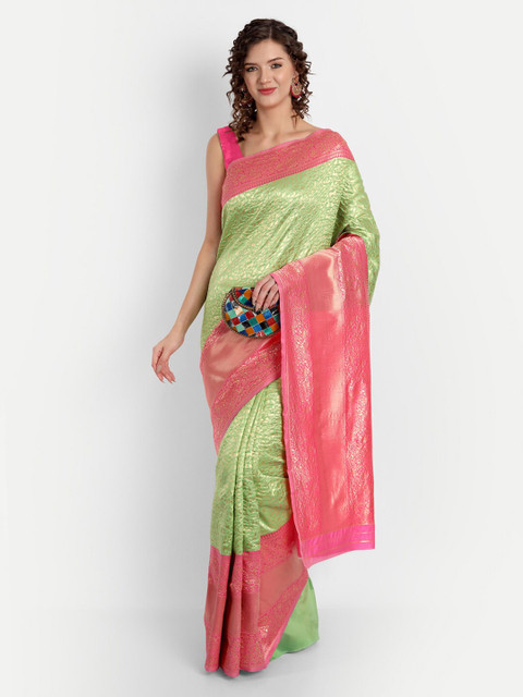 

ASPORA Green & Pink Woven Design Silk Blend Kanjeevaram Saree