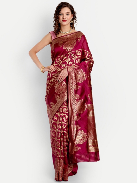 

ASPORA Maroon & Gold-Toned Ethnic Motifs Silk Blend Banarasi Saree