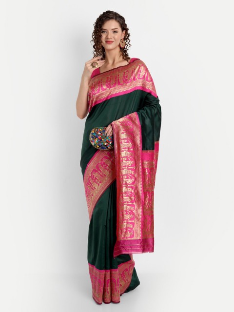 

ASPORA Green & Pink Ethnic Motifs Zari Silk Blend Kanjeevaram Saree