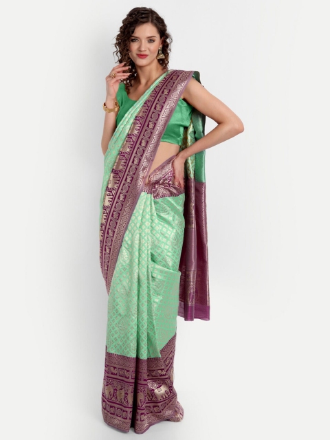 

ASPORA Green & Purple Ethnic Motifs Silk Blend Banarasi Saree