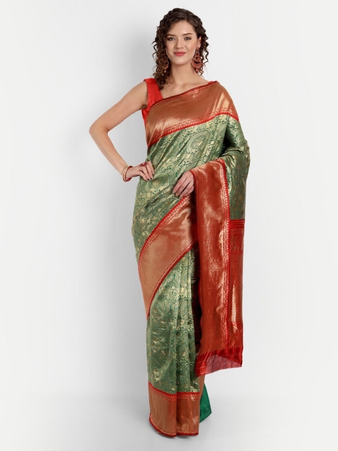 

ASPORA Green & Red Woven Design Zari Silk Blend Kanjeevaram Saree