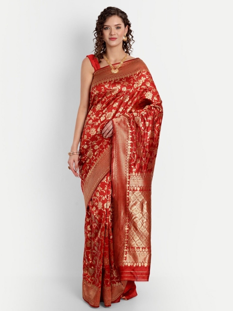 

ASPORA Red & Gold-Toned Floral Silk Blend Kanjeevaram Saree