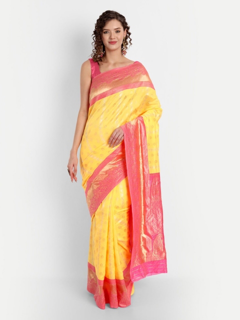 

ASPORA Yellow & Pink Woven Design Silk Blend Banarasi Saree