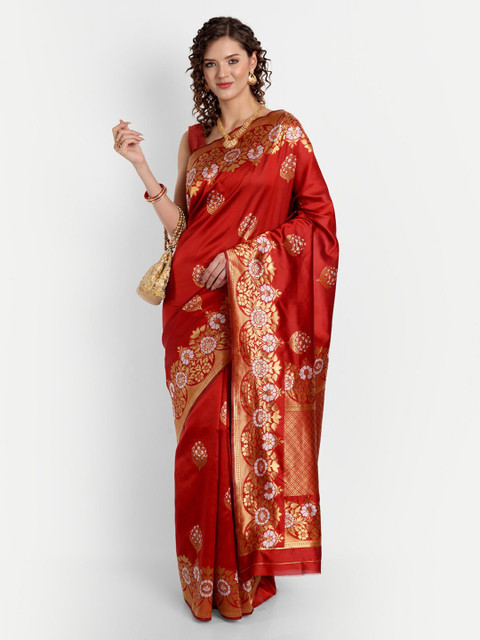 

ASPORA Red & Gold-Toned Floral Silk Blend Banarasi Saree