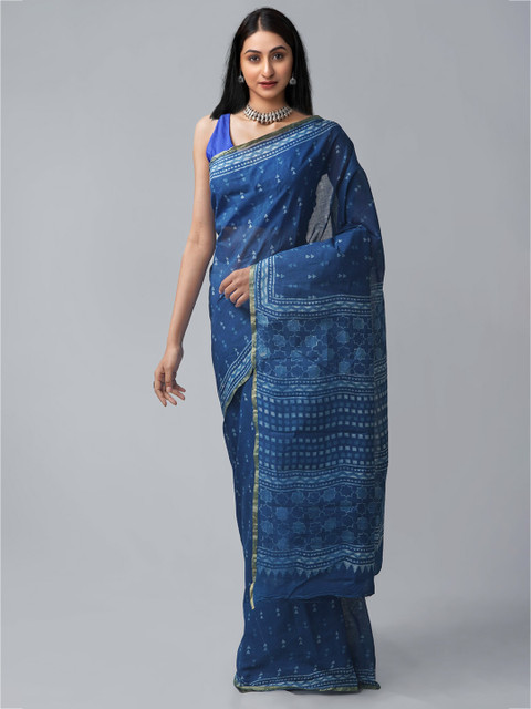 

Unnati Silks Blue & White Dabu Pure Cotton Dabu Saree
