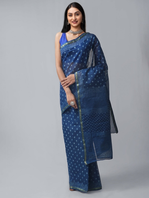 

Unnati Silks Blue & White Dabu Zari Pure Cotton Dabu Saree