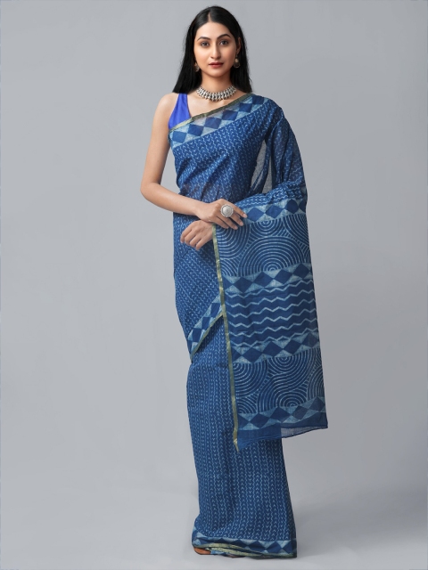 

Unnati Silks Blue & White Zari Pure Cotton Dabu Saree