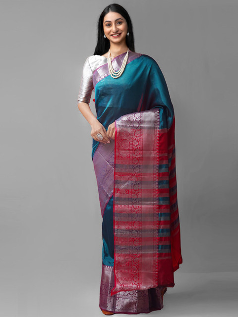 

Unnati Silks Blue & Pink Woven Design Zari Pure Silk Kanjeevaram Saree