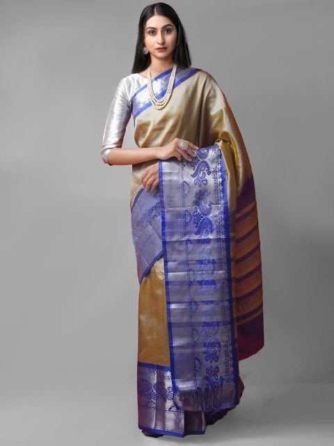 

Unnati Silks Brown & Blue Woven Design Zari Pure Silk Kanjeevaram Saree