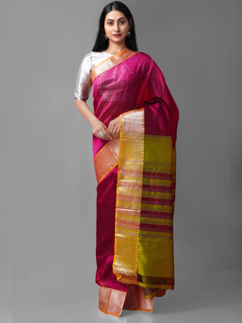 

Unnati Silks Pink & Red Woven Design Zari Pure Silk Kanjeevaram Saree