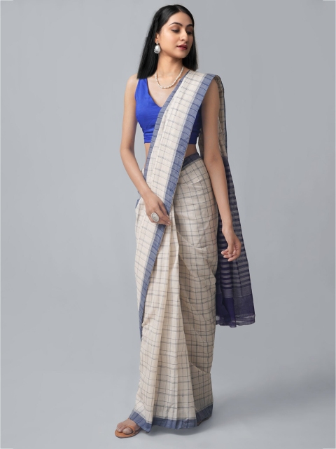 

Unnati Silks Cream-Coloured & Blue Checked Pure Cotton Venkatgiri Saree
