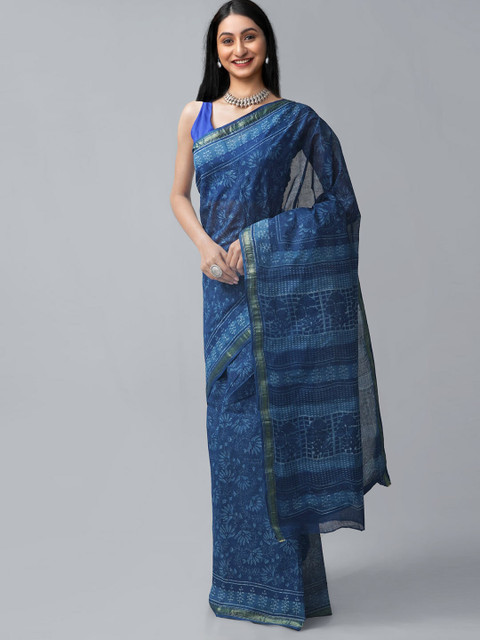 

Unnati Silks Blue & White Dabu Zari Pure Cotton Dabu Saree