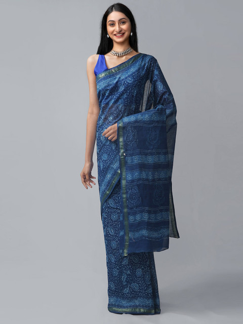 

Unnati Silks Blue & White Paisley Pure Cotton Dabu Saree