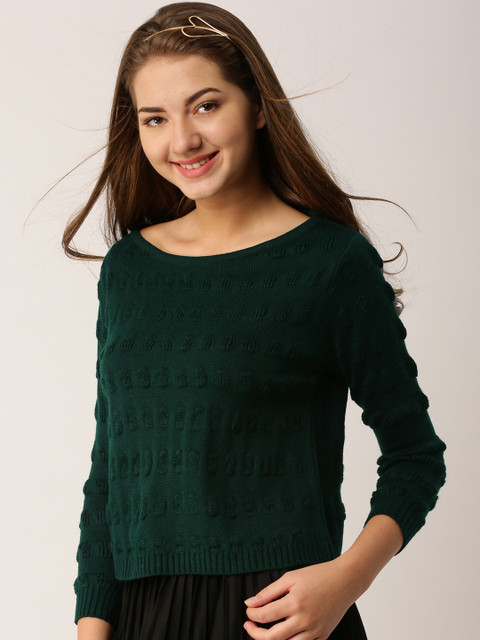 

DressBerry Women Green Self-Design Pullover Sweater