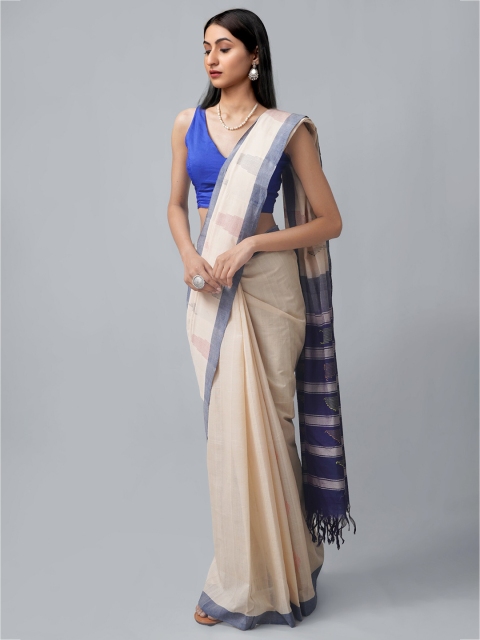 

Unnati Silks Cream-Coloured & Blue Woven Design Pure Cotton Venkatgiri Saree