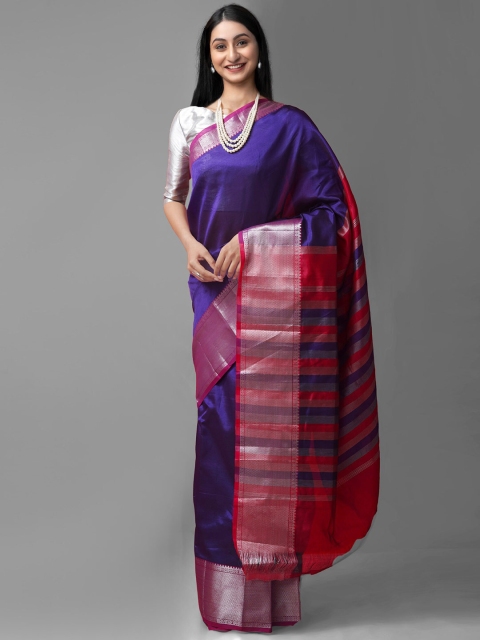 

Unnati Silks Navy Blue & Silver-Toned Woven Design Zari Pure Silk Kanjeevaram Saree