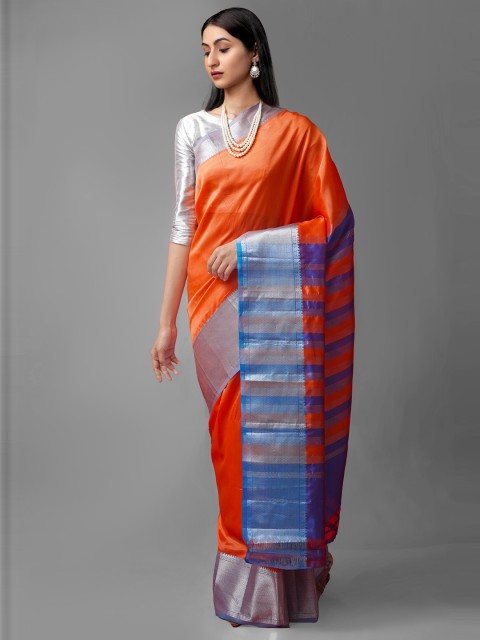 

Unnati Silks Orange & Blue Woven Design Zari Pure Silk Kanjeevaram Saree