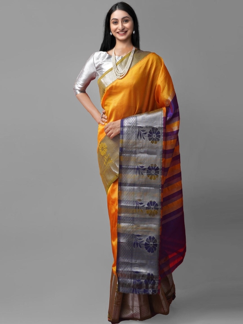 

Unnati Silks Orange & Purple Woven Design Zari Pure Silk Handloom Kanjeevaram Saree