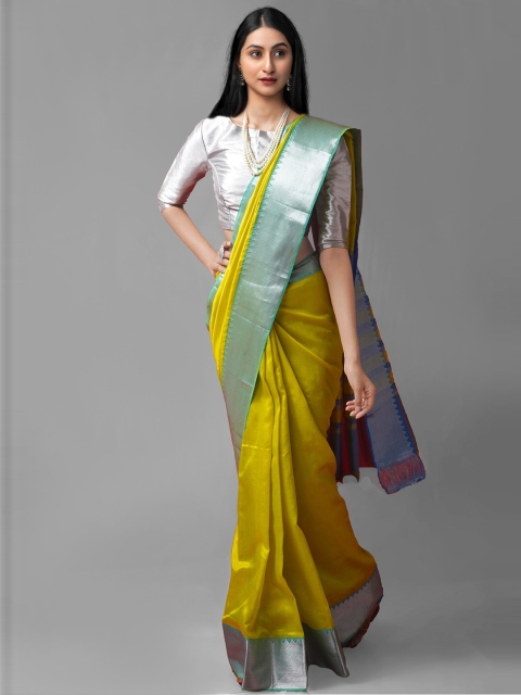 

Unnati Silks Green & Yellow Zari Pure Silk Kanjeevaram Saree