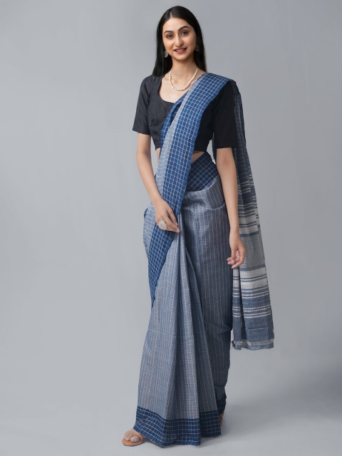 

Unnati Silks Blue & White Checked Pure Cotton Venkatgiri Saree