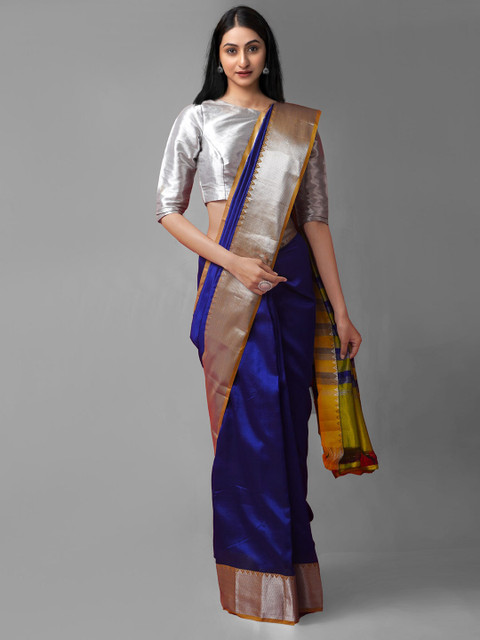 

Unnati Silks Navy Blue & Silver-Toned Woven Design Zari Pure Silk Kanjeevaram Saree