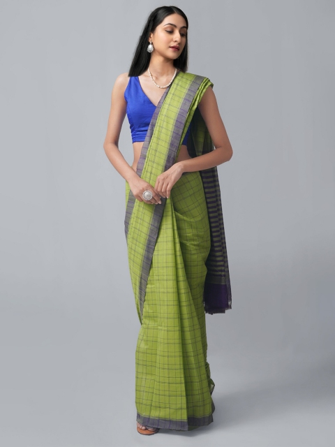 

Unnati Silks Green & Blue Checked Pure Cotton Venkatgiri Saree
