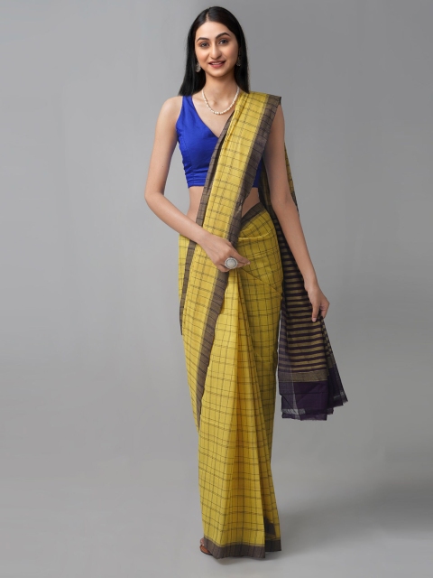 

Unnati Silks Yellow & Purple Checked Pure Cotton Venkatgiri Saree