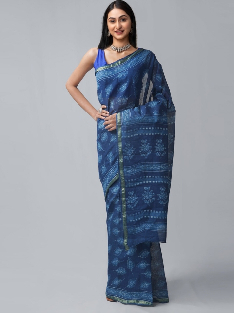 

Unnati Silks Blue & White Printed Mulmul Pure Cotton Dabu Saree