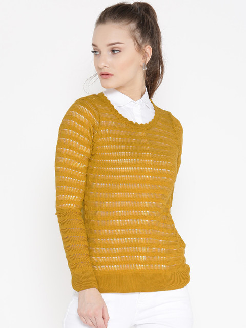

DressBerry Women Mustard Yellow Solid Open Knit Sweater