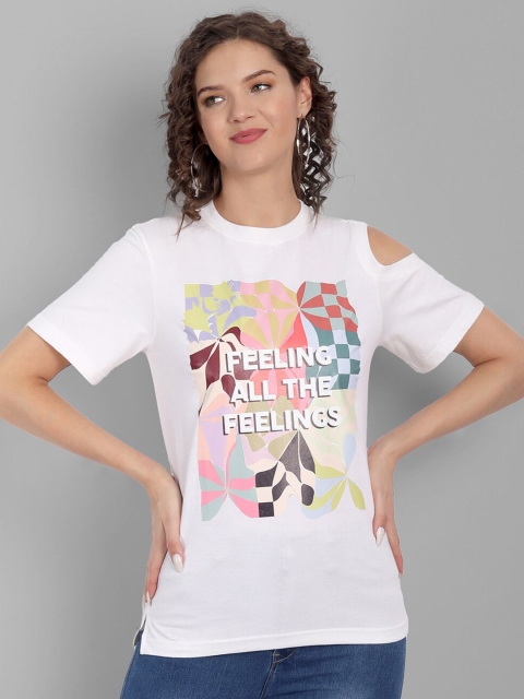 

House of Mool Women White Typography Printed One Cold Shoulder T-shirt