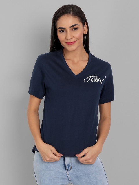 

House of Mool Women Navy Blue V-Neck T-shirt