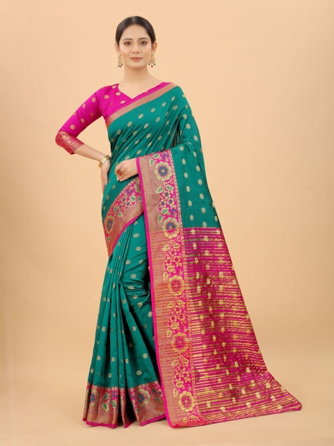 

INDI AVTAAR Rama Green & Pink Woven Design Zari Silk Cotton Banarasi Saree