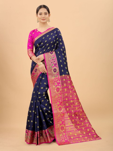 

INDI AVTAAR Navy Blue & Pink Woven Design Zari Silk Cotton Banarasi Saree