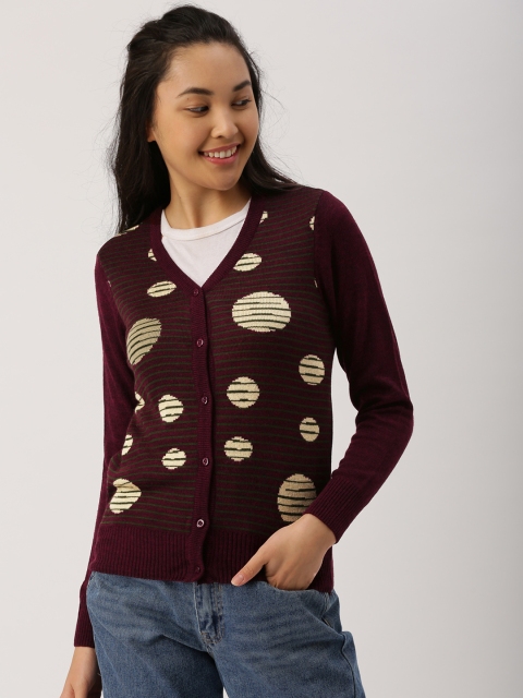 

DressBerry Women Burgundy Self Design Cardigan